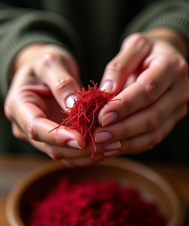 Founder's hands carefully inspecting rare saffron threads in a culinary setting